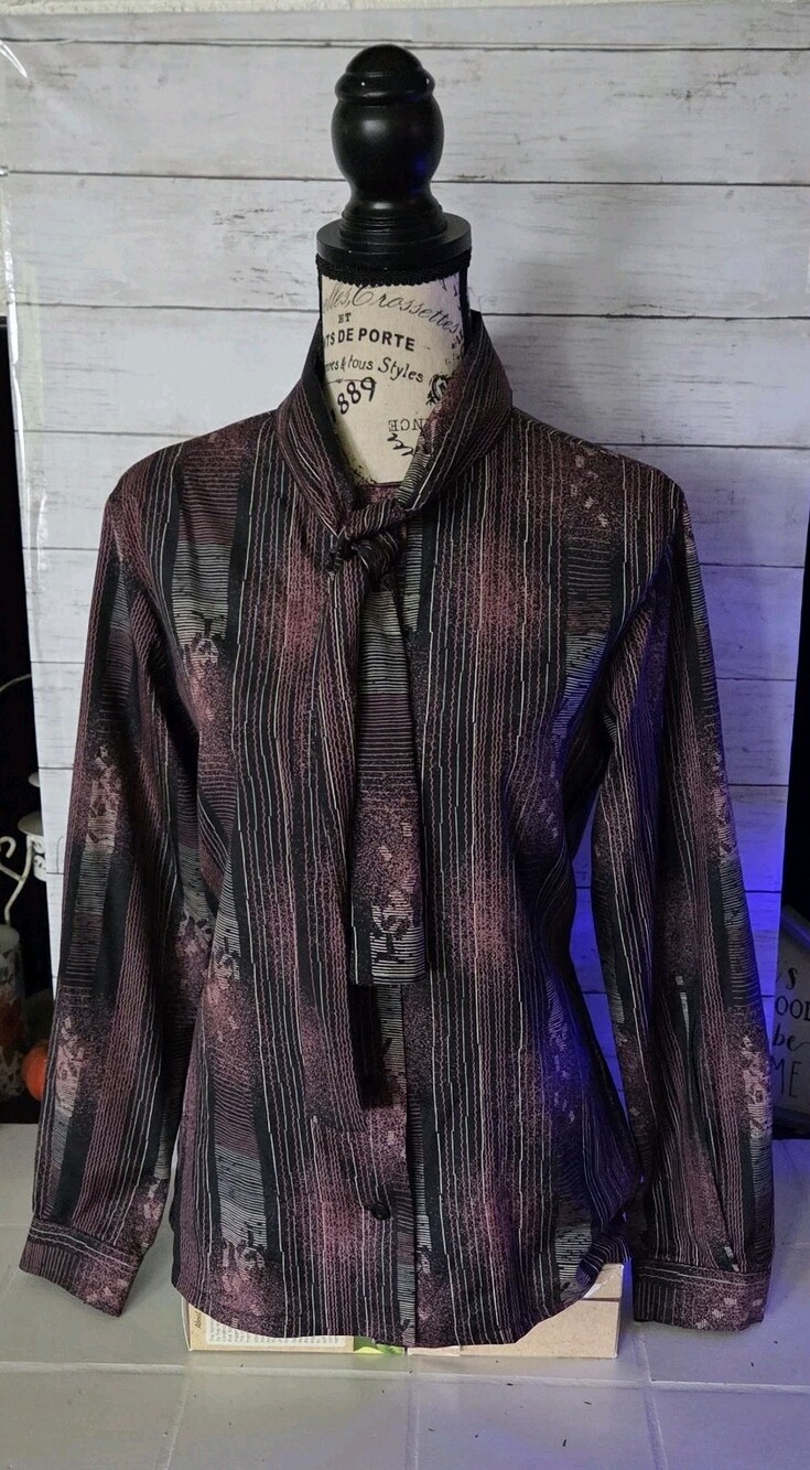 Vtg Ernst Strauss Long Sleeve Secretary Blouse career Shirt Neck Tie Black 12?